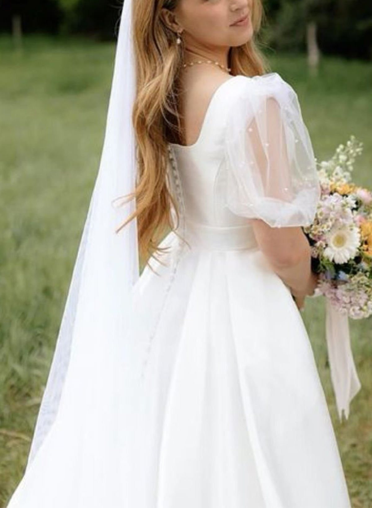 A-Line Square Neckline Long Sleeves Floor-Length Twill Satin Wedding Dresses With Beading