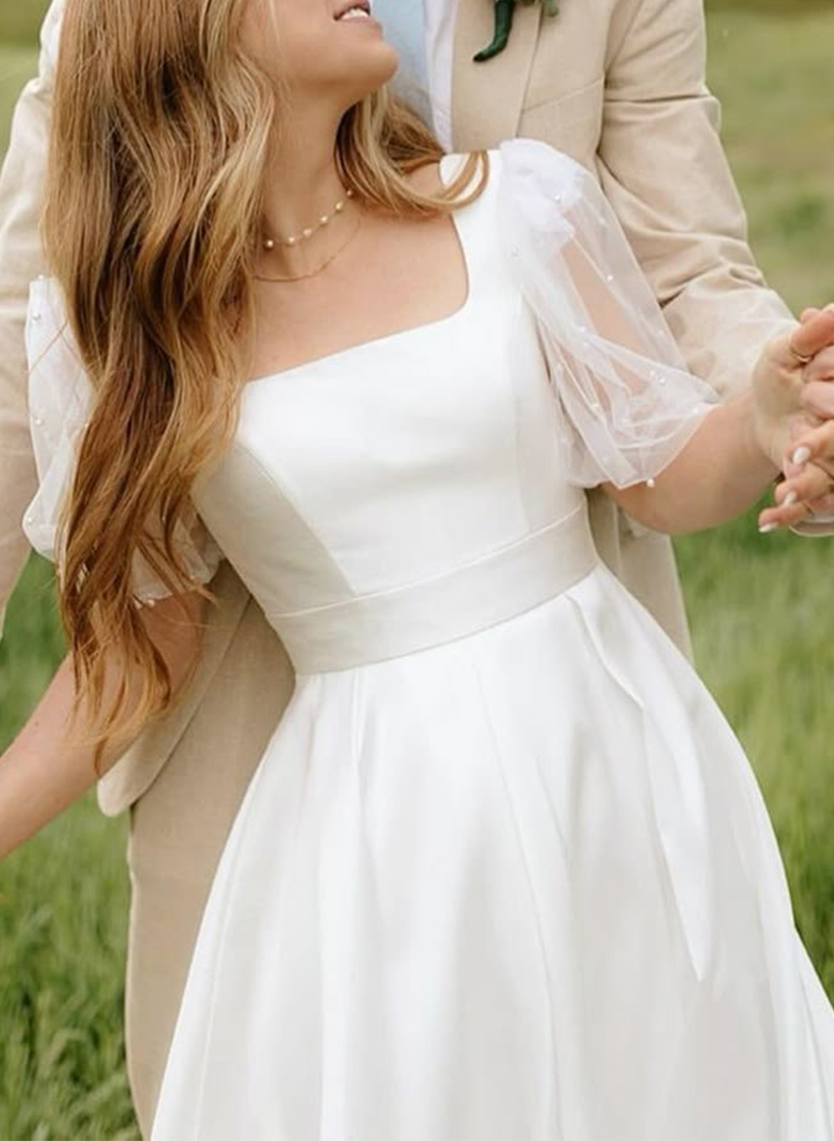 A-Line Square Neckline Long Sleeves Floor-Length Twill Satin Wedding Dresses With Beading