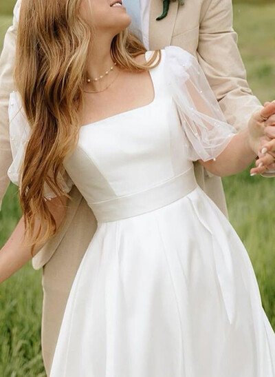 A-Line Square Neckline Long Sleeves Floor-Length Twill Satin Wedding Dresses With Beading