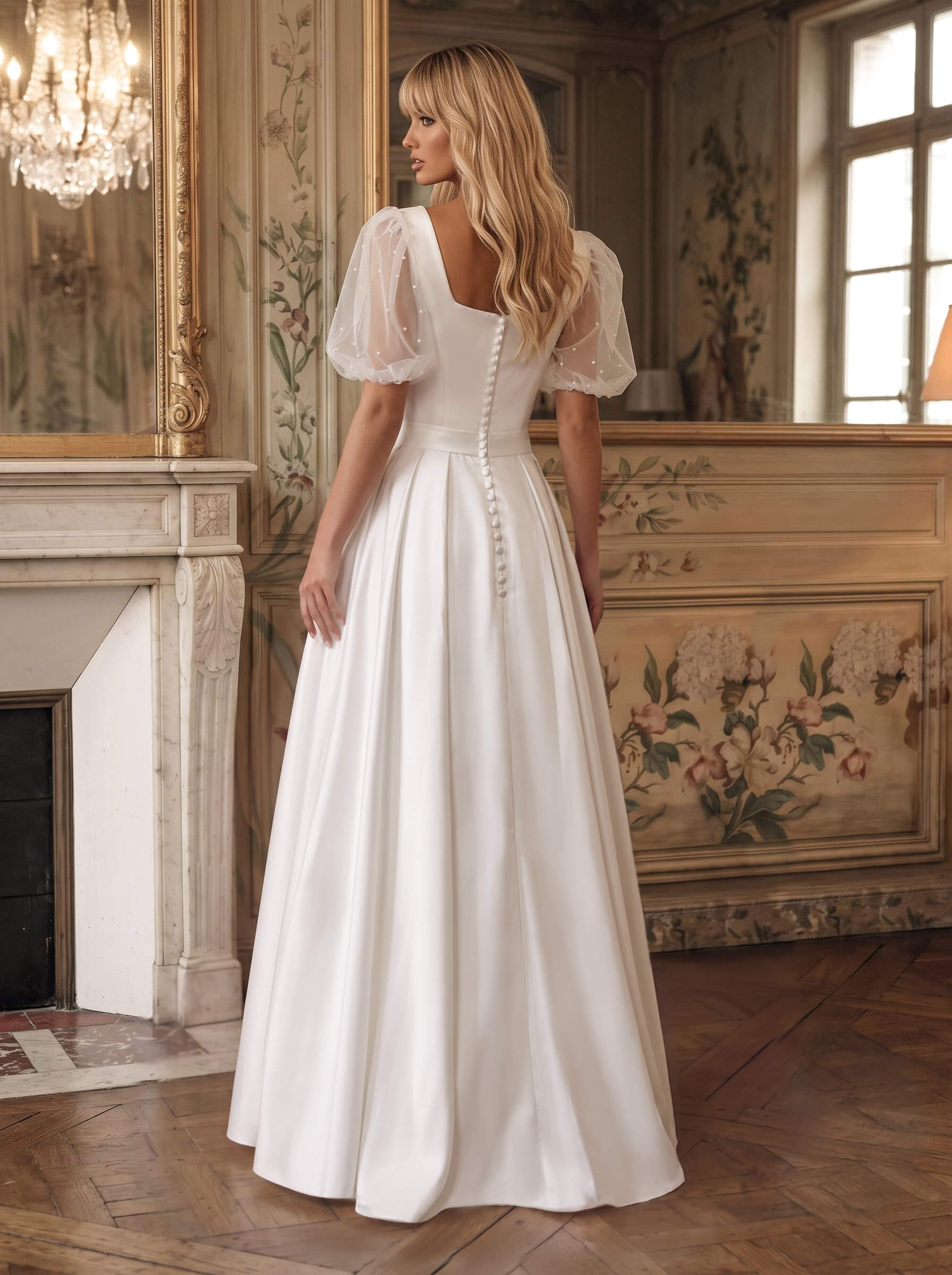 A-Line Square Neckline Long Sleeves Floor-Length Satin Wedding Dresses With Beading A-Line Square Neckline Long Sleeves Floor-Length Satin Wedding Dresses With Beading