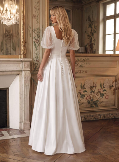A-Line Square Neckline Long Sleeves Floor-Length Satin Wedding Dresses With Beading