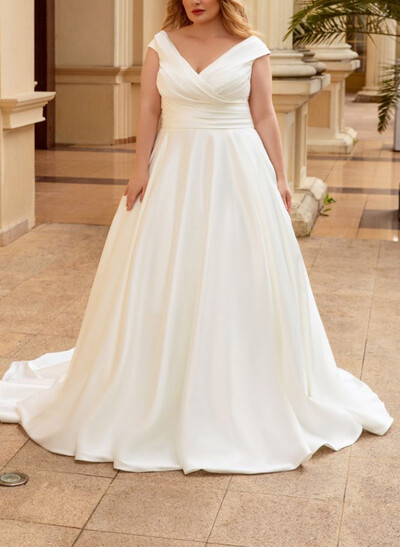 A-Line Plunge Neck Sleeveless Sweep Train Matte Satin Wedding Dresses