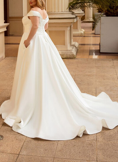 A-Line Plunge Neck Sleeveless Sweep Train Matte Satin Wedding Dresses