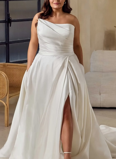 A-Line Off-The-Shoulder Sleeveless Court Train Satin Tulle Wedding Dresses With High Split