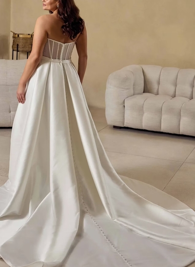 A-Line Off-The-Shoulder Sleeveless Court Train Satin Tulle Wedding Dresses With High Split