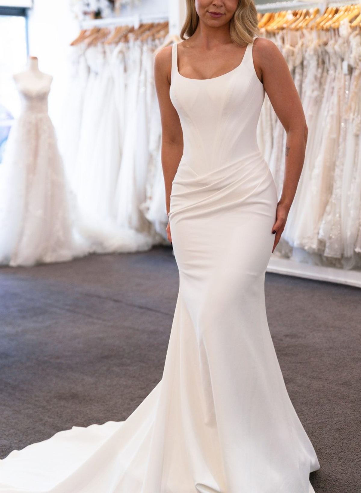 Trumpet/Mermaid Square Neckline Sleeveless Sweep Train Elastic Satin Wedding Dresses