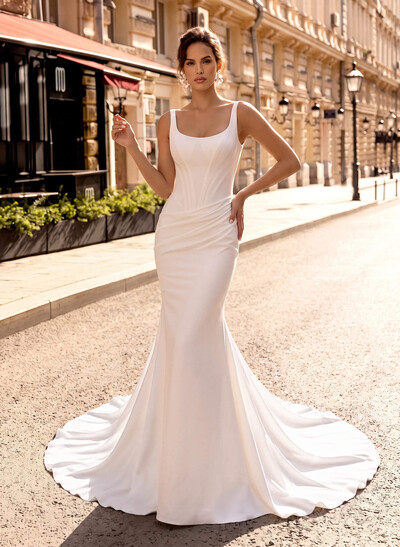 Trumpet/Mermaid Square Neckline Sleeveless Sweep Train Elastic Satin Wedding Dresses