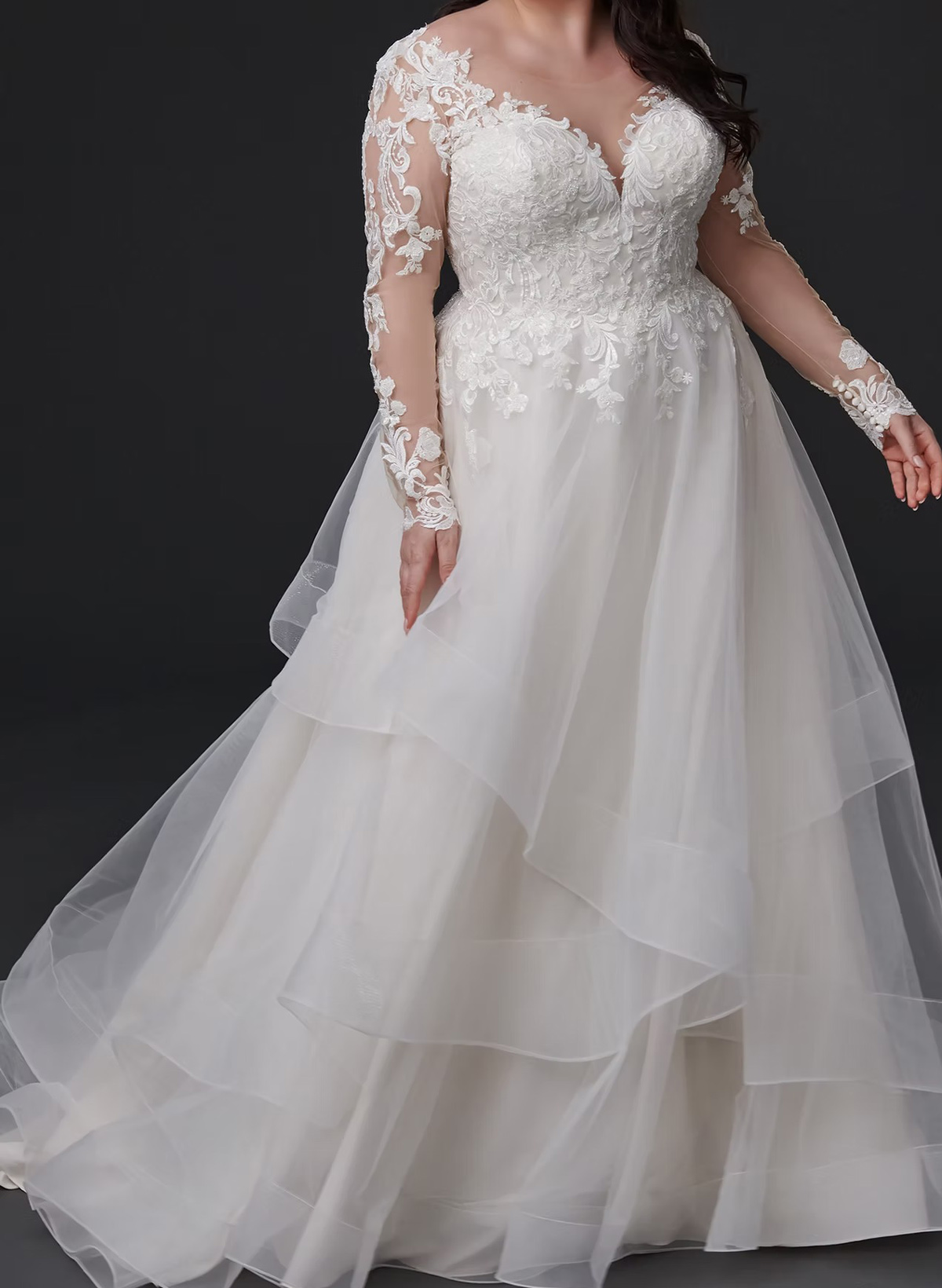 A-Line Sweetheart Long Sleeves Sweep Train Satin Tulle Wedding Dresses With Appliques Lace Tiered