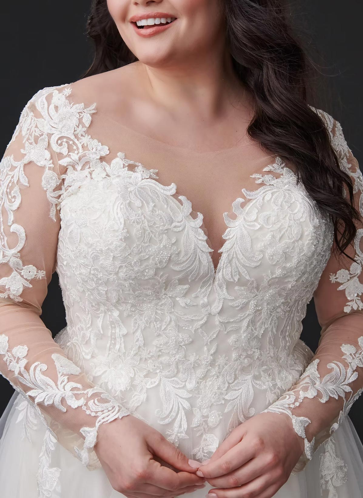 A-Line Sweetheart Long Sleeves Sweep Train Satin Tulle Wedding Dresses With Appliques Lace Tiered