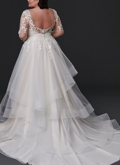 A-Line Sweetheart Long Sleeves Sweep Train Satin Tulle Wedding Dresses With Appliques Lace Tiered