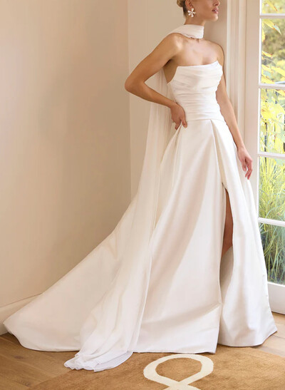 A-Line Strapless Sleeveless Sweep Train Chiffon Wedding Dresses With High Split