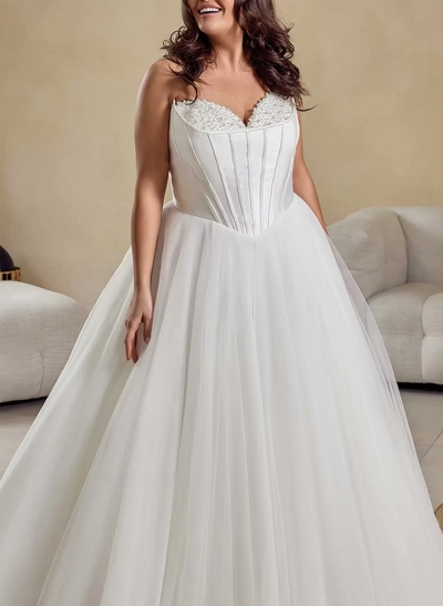 A-Line Off-The-Shoulder Sleeveless Court Train Satin Tulle Wedding Dresses With Beading Sequins