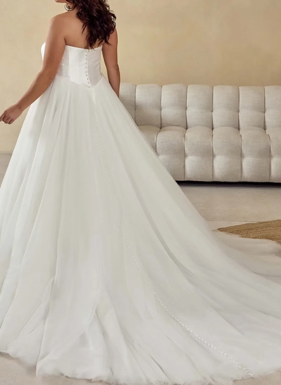 A-Line Off-The-Shoulder Sleeveless Court Train Satin Tulle Wedding Dresses With Beading Sequins