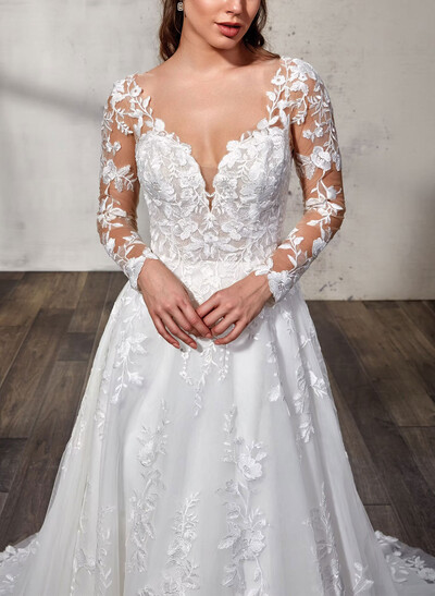 A-Line Plunge Neck Long Sleeves Sweep Train Lace Wedding Dresses