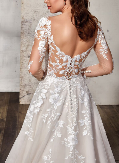 A-Line Plunge Neck Long Sleeves Sweep Train Lace Wedding Dresses