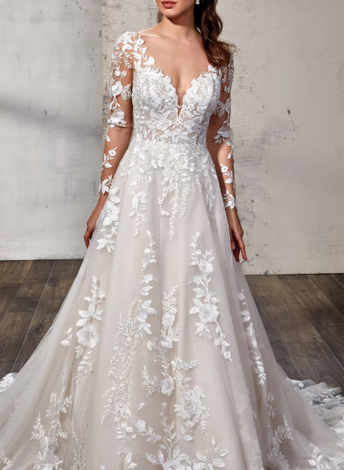 A-Line Plunge Neck Long Sleeves Sweep Train Lace Wedding Dresses