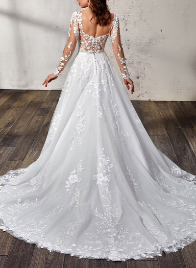 A-Line Plunge Neck Long Sleeves Sweep Train Lace Wedding Dresses