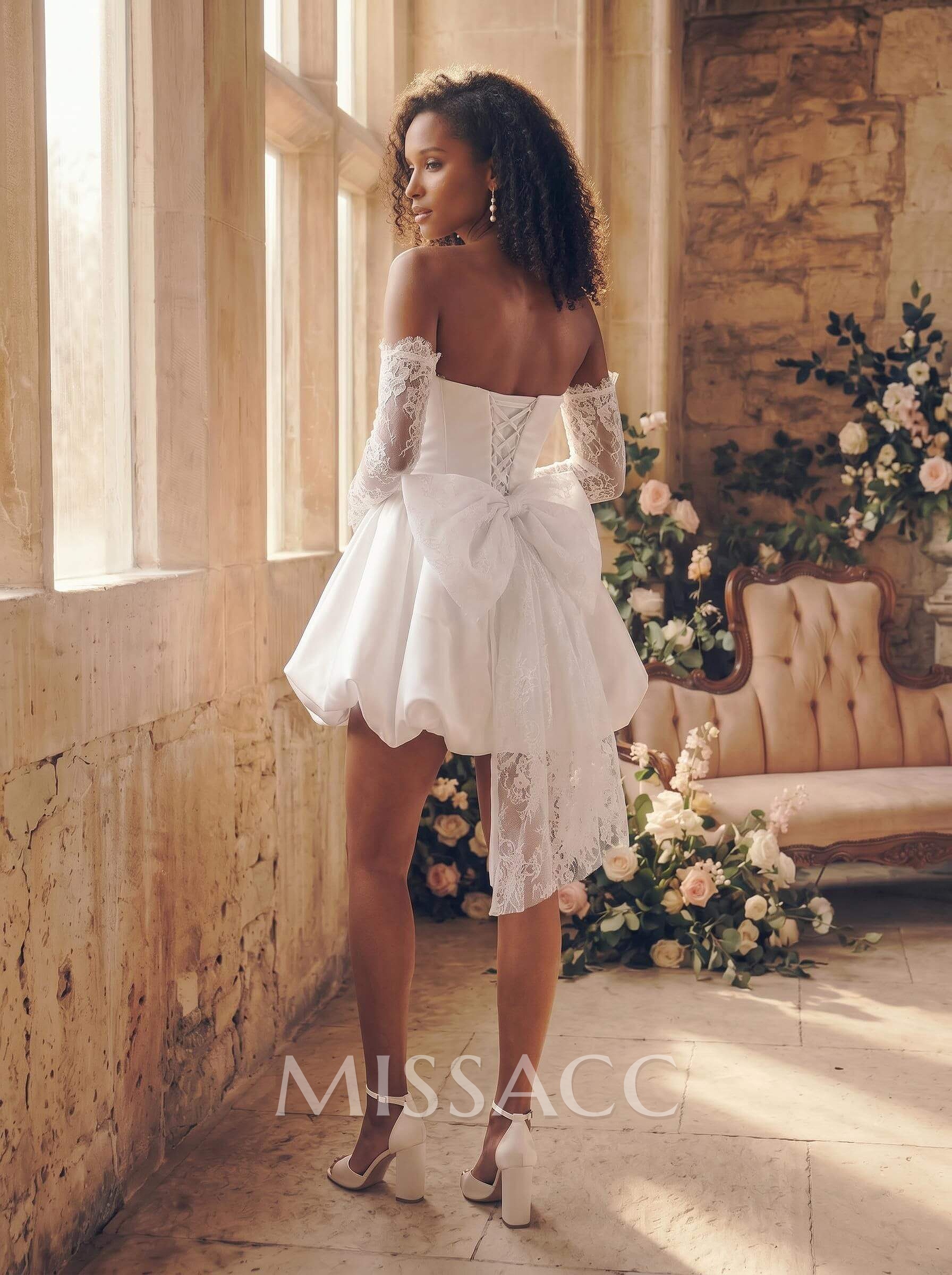 A-Line Sweetheart Long Sleeves Short/Mini Lace/Tulle/Matte Satin Wedding Dresses With Beading/Lace A-Line Sweetheart Long Sleeves Short/Mini Lace/Tulle/Matte Satin Wedding Dresses With Beading/Lace
