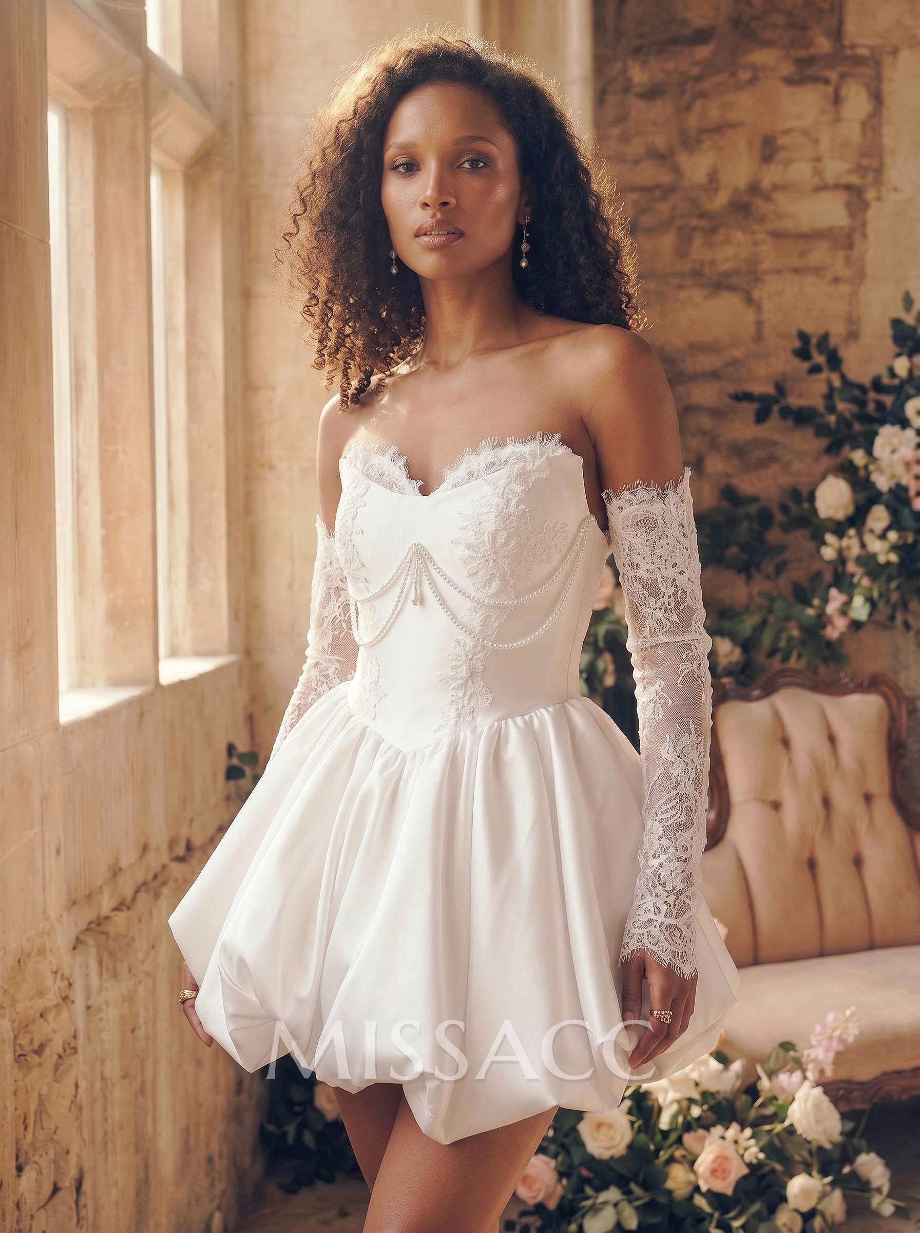 A-Line Sweetheart Long Sleeves Short/Mini Lace/Tulle/Matte Satin Wedding Dresses With Beading/Lace A-Line Sweetheart Long Sleeves Short/Mini Lace/Tulle/Matte Satin Wedding Dresses With Beading/Lace