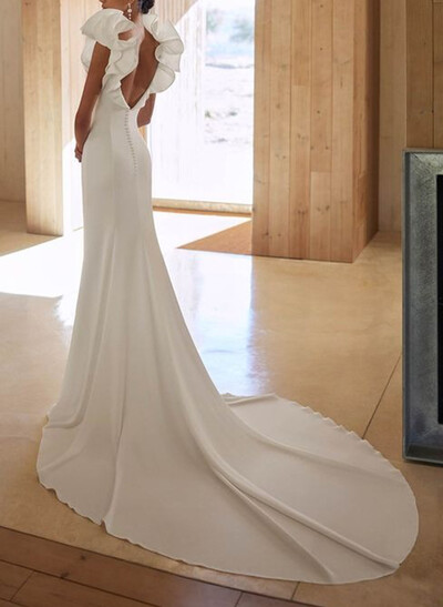 Sheath/Column V-Neck Sleeveless Chapel Train Matte Satin Wedding Dresses With Shoulder Ruffle