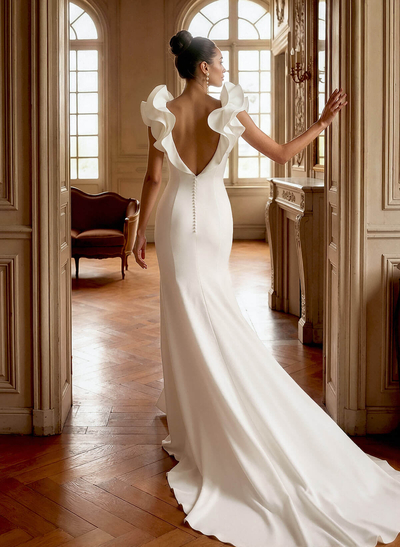 Sheath/Column V-Neck Sleeveless Chapel Train Elastic Satin Wedding Dresses With Shoulder Ruffle