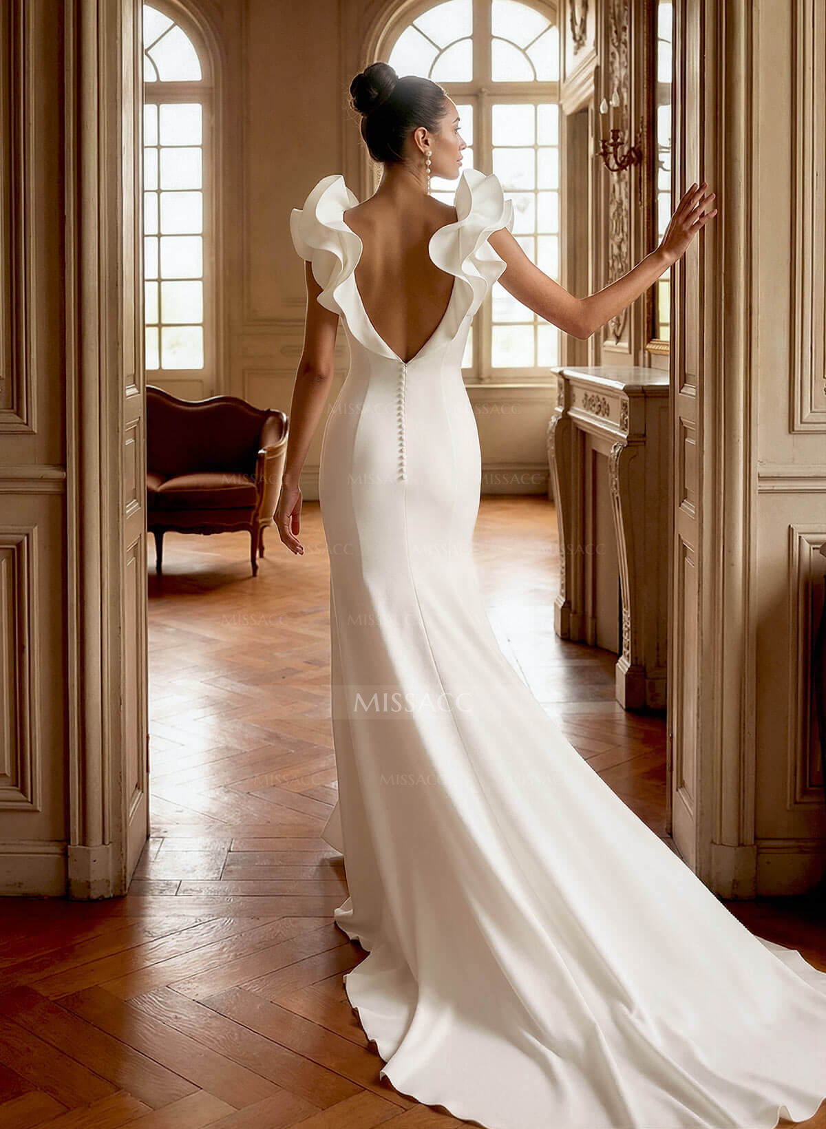 Sheath/Column V-Neck Sleeveless Chapel Train Elastic Satin Wedding Dresses With Shoulder Ruffle