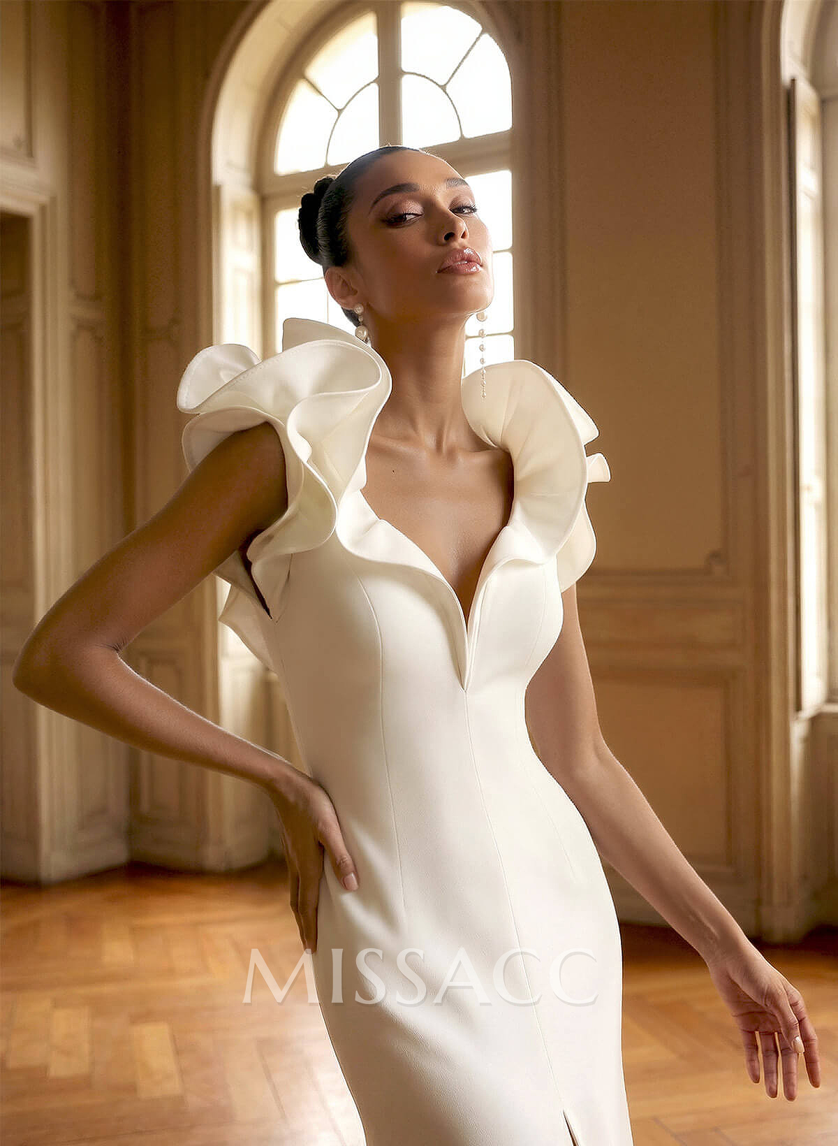 Sheath/Column V-Neck Sleeveless Chapel Train Elastic Satin Wedding Dresses With Shoulder Ruffle