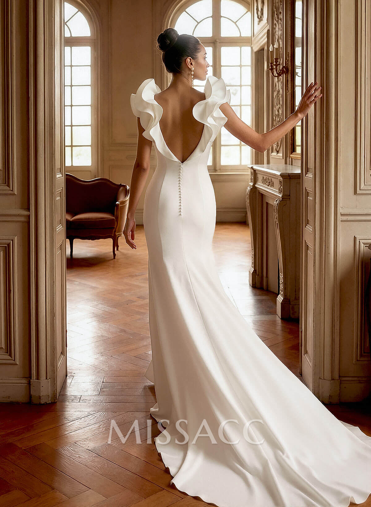 Sheath/Column V-Neck Sleeveless Chapel Train Elastic Satin Wedding Dresses With Shoulder Ruffle