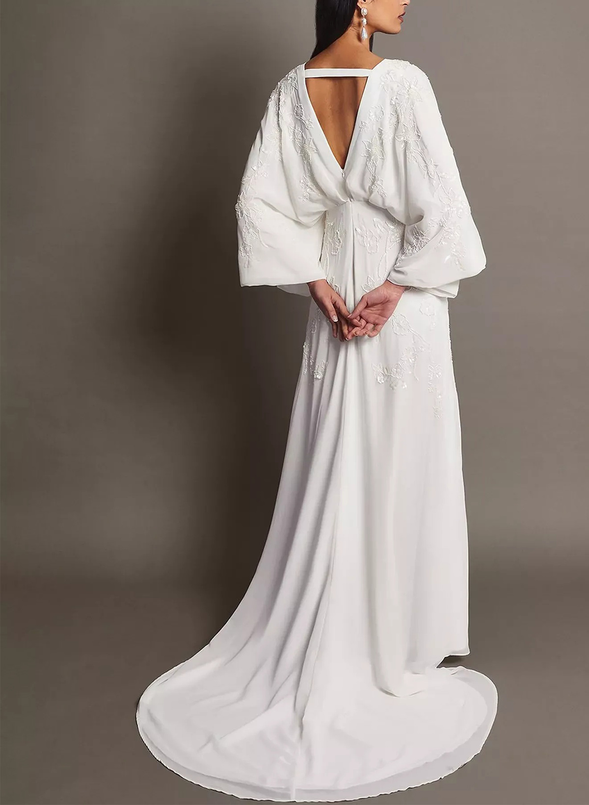 Sheath/Column Plunge Neck 3/4 Sleeves Sweep Train Lace Wedding Dresses With Beading