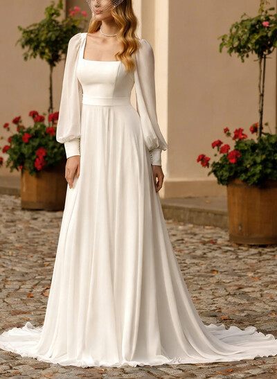 A-Line Square Neckline Long Sleeves Sweep Train Chiffon Wedding Dresses