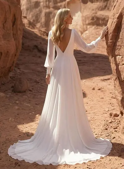 A-Line Square Neckline Long Sleeves Sweep Train Chiffon Wedding Dresses