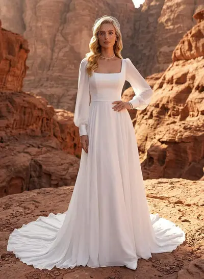 A-Line Square Neckline Long Sleeves Sweep Train Chiffon Wedding Dresses
