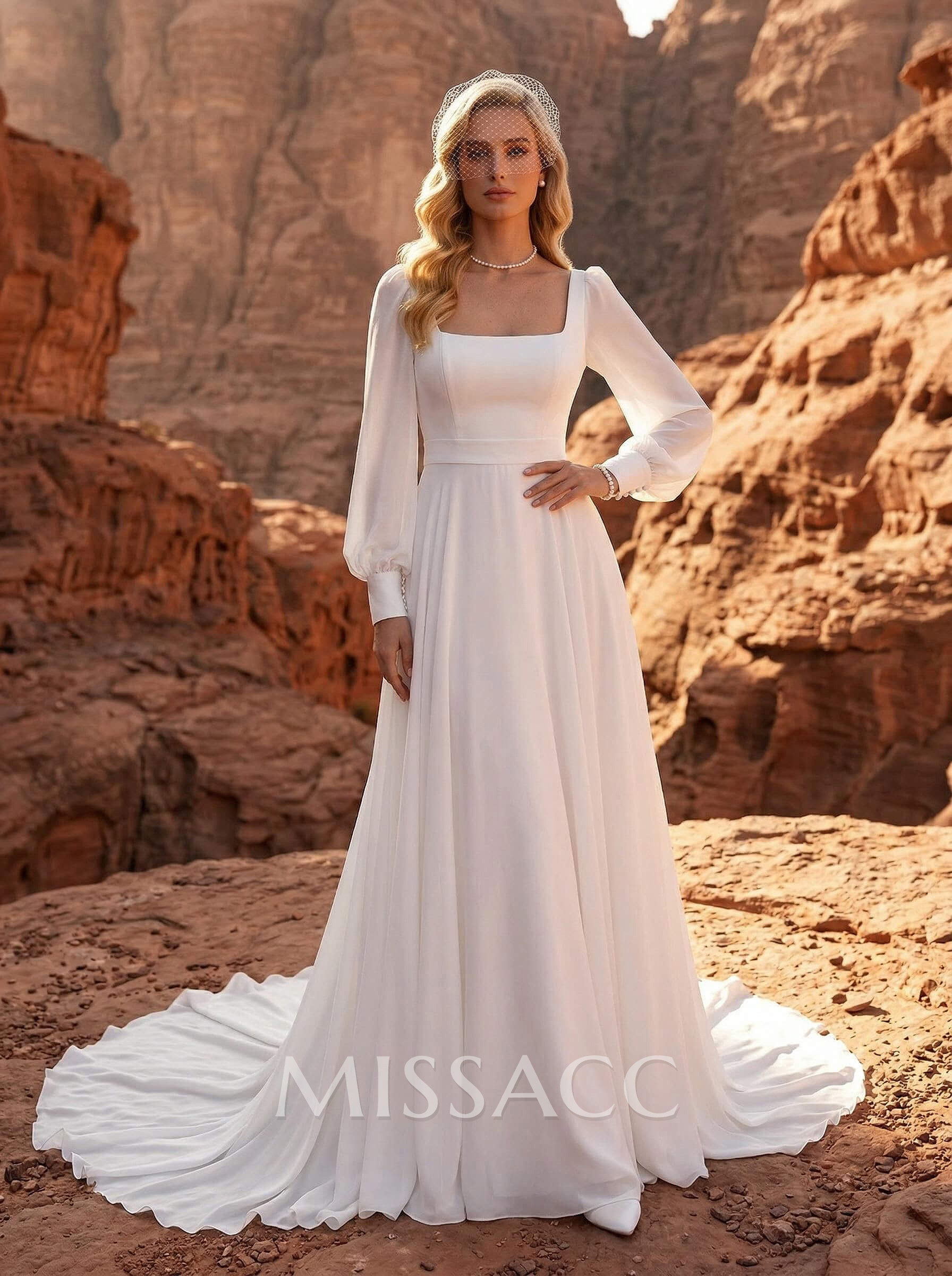 A-Line Square Neckline Long Sleeves Sweep Train Chiffon Wedding Dresses A-Line Square Neckline Long Sleeves Sweep Train Chiffon Wedding Dresses
