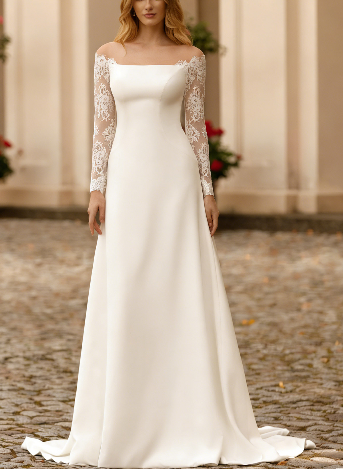 A-Line Off-The-Shoulder Long Sleeves Sweep Train Elastic Satin Wedding Dresses With Appliques Lace