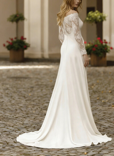 A-Line Off-The-Shoulder Long Sleeves Sweep Train Elastic Satin Wedding Dresses With Appliques Lace
