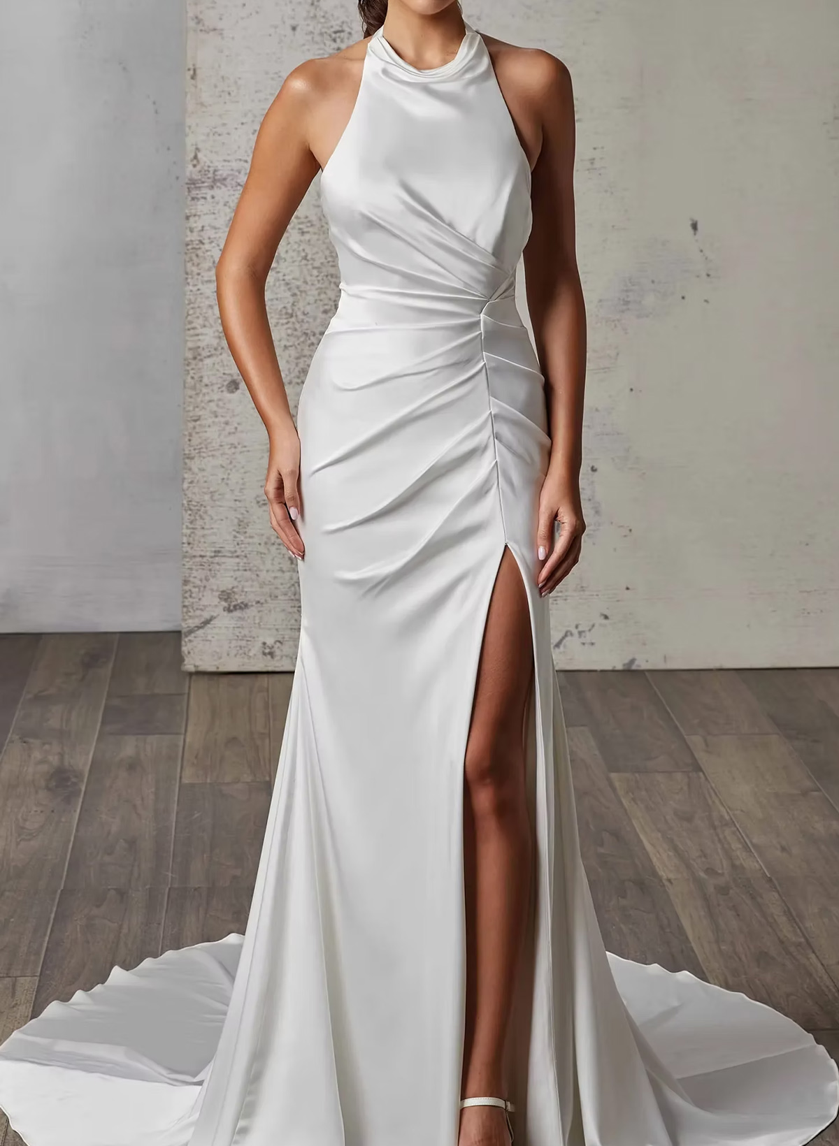 Trumpet/Mermaid Halter Sleeveless Sweep Train Acetate Satin Wedding Dresses With High Split