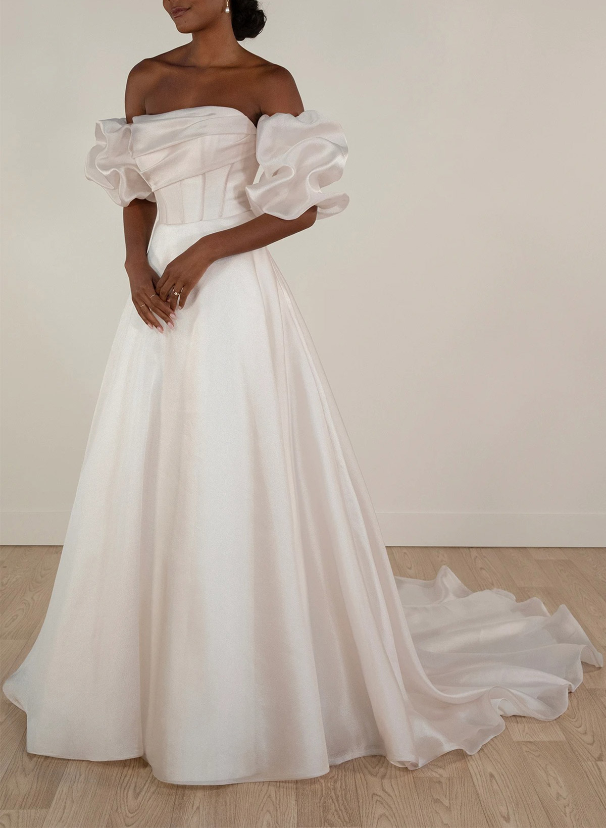 A-Line Off-The-Shoulder Detachable Sleeves Court Train Liquid Tulle Wedding Dresses