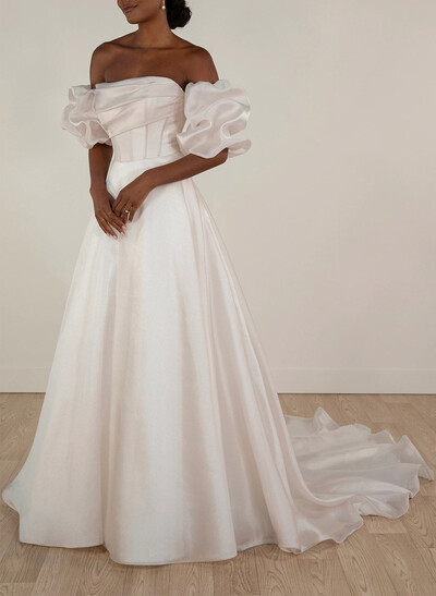 A-Line Off-The-Shoulder Detachable Sleeves Court Train Liquid Tulle Wedding Dresses