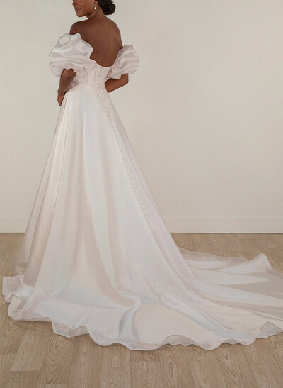 A-Line Off-The-Shoulder Detachable Sleeves Court Train Liquid Tulle Wedding Dresses