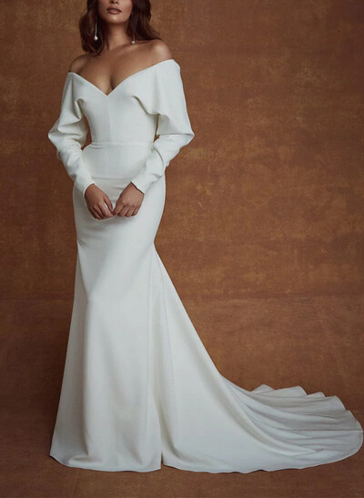 Trumpet/Mermaid Off-The-Shoulder/Plunge Neck Long Sleeves Court Train Crepe Satin Wedding Dressesh