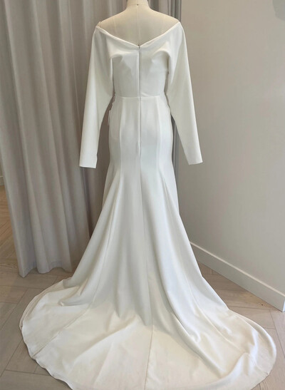Trumpet/Mermaid Off-The-Shoulder/Plunge Neck Long Sleeves Court Train Crepe Satin Wedding Dressesh