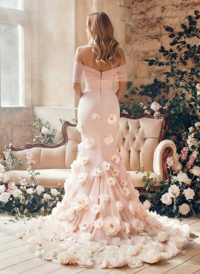 Trumpet Mermaid Off-The-Shoulder Sleeveless Sweep Train Tulle Wedding Brides With Flowers