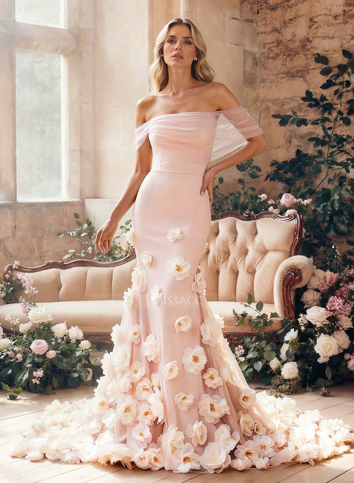 Trumpet Mermaid Off-The-Shoulder Sleeveless Sweep Train Tulle Wedding Brides With Flowers