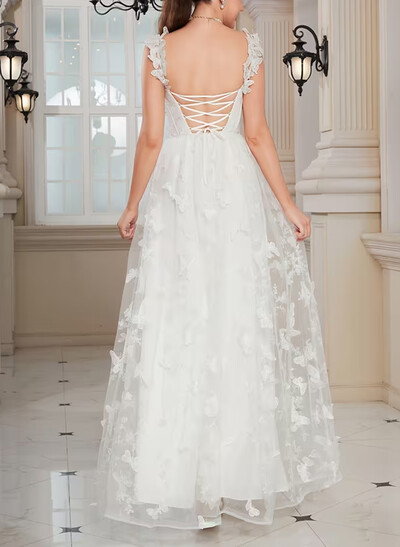 3D Butterfly A-Line Sweetheart Sleeveless Floor-Length Chiffon/Lace Wedding Dresses