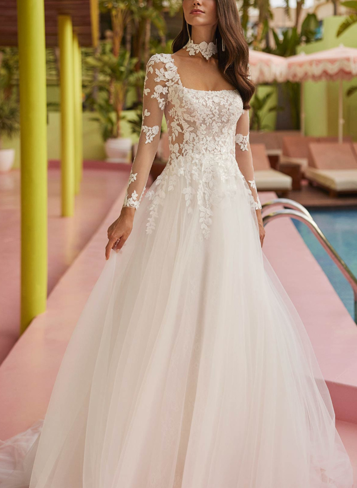 A-Line Square Neckline Detachable Sleeves Sweep Train Chiffon/Tulle Wedding Dresses With Appliques Lace/Back Hole