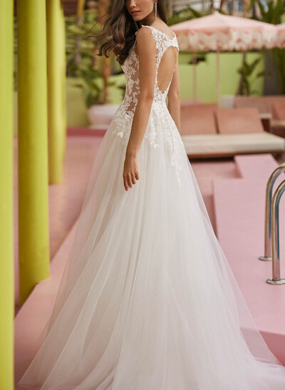 A-Line Square Neckline Detachable Sleeves Sweep Train Chiffon/Tulle Wedding Dresses With Appliques Lace/Back Hole