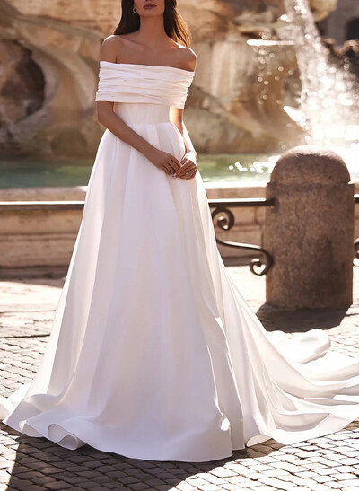 A-Line Off-The-Shoulder Sleeveless Court Train Wedding Dresses