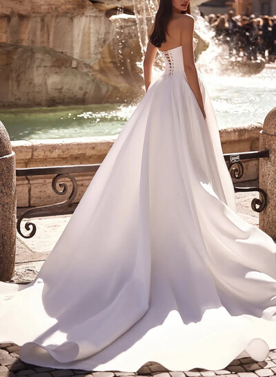 A-Line Off-The-Shoulder Sleeveless Court Train Wedding Dresses