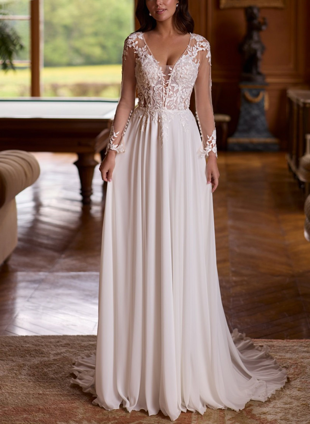 A-Line V-Neck Long Sleeves Sweep Train Chiffon/Lace Wedding Dresses