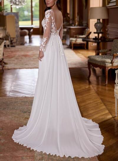 A-Line V-Neck Long Sleeves Sweep Train Chiffon/Lace Wedding Dresses
